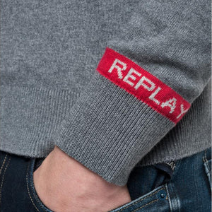 Replay UK3061 Crewneck Knitted Jumper, Grey/Red