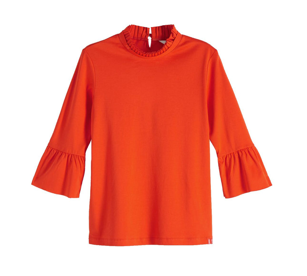 Scotch & Soda Womens 147764 Puff Sleeve Pleated Collar Top, Sunset Orange