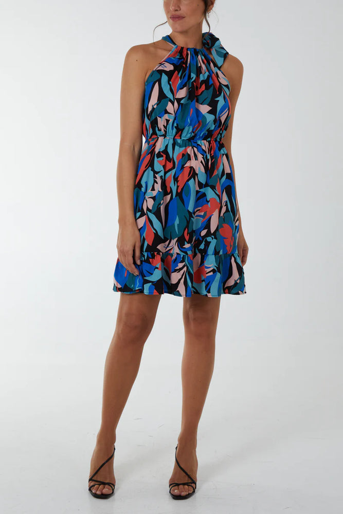 
            
                Load image into Gallery viewer, Halterneck Tie Abstract Print Mini Dress
            
        