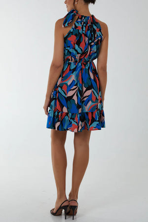 
            
                Load image into Gallery viewer, Halterneck Tie Abstract Print Mini Dress
            
        