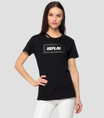 Replay Womens W3217D Glitter Frame Logo Crew Neck T-Shirt, Black