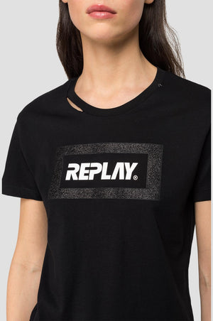 
            
                Load image into Gallery viewer, Replay Womens W3217D Glitter Frame Logo Crew Neck T-Shirt, Black
            
        