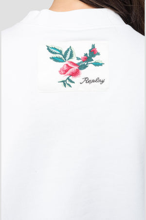 Replay W3269c Basic Crew Neck Sweatshirt with REPLAY floral embroidery, White