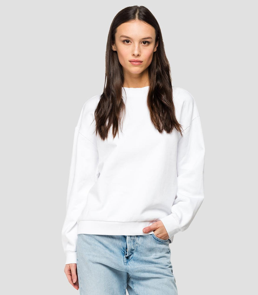 Replay W3269c Basic Crew Neck Sweatshirt with REPLAY floral embroidery, White