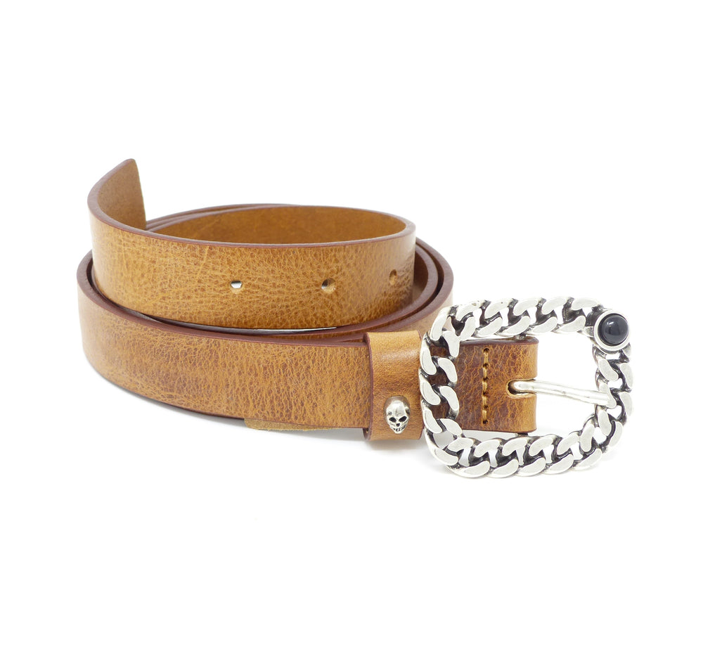
            
                Load image into Gallery viewer, Replay Womens AW2472 Tan Leather Belt with Chain &amp;amp; Scull Detailing - 100cm
            
        
