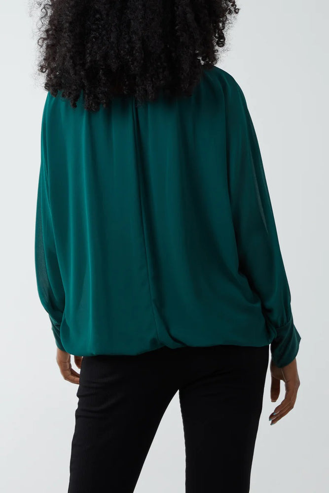 Boat Neck Pleated Bell Sleeve Blouse