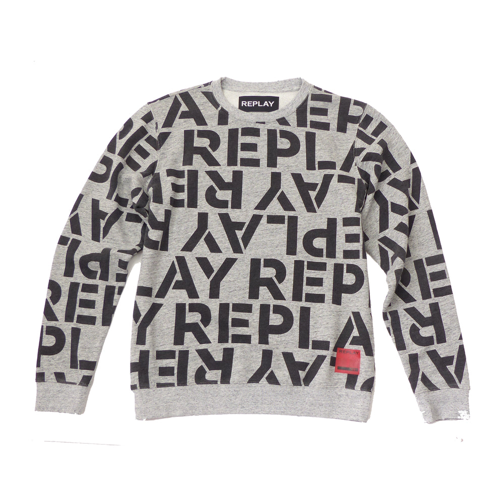Replay M3104 All Over Logo Print Crew Sweatshirt, Grey
